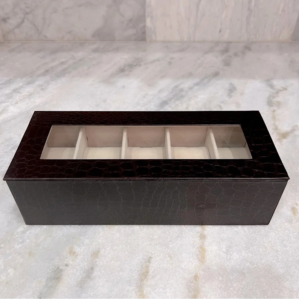 5 Slot Brown Crocodile Skin Pattern Leatherette Watch Box